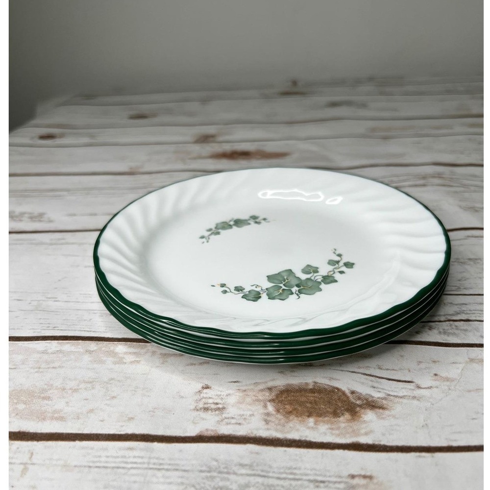 Corelle English Ivy Bread Plates White Green Swirl Rim Set of 4 6.75in